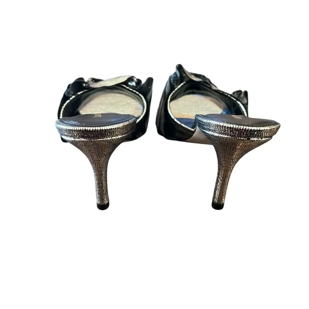 Larroudé Colette Ruffle Stiletto Heel Mule Silver Metallic Leather NEW Size 9